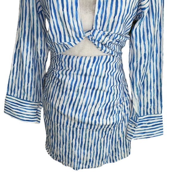 NWT Zara Blue & White Striped Linen Blend Cutout Midriff Twist Mini Dress - XS - Picture 9 of 16